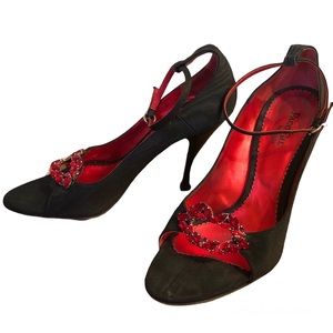 Paco Gil Black Heels Red Insoles Lip-shaped Crystals Embellishment Vintage 9